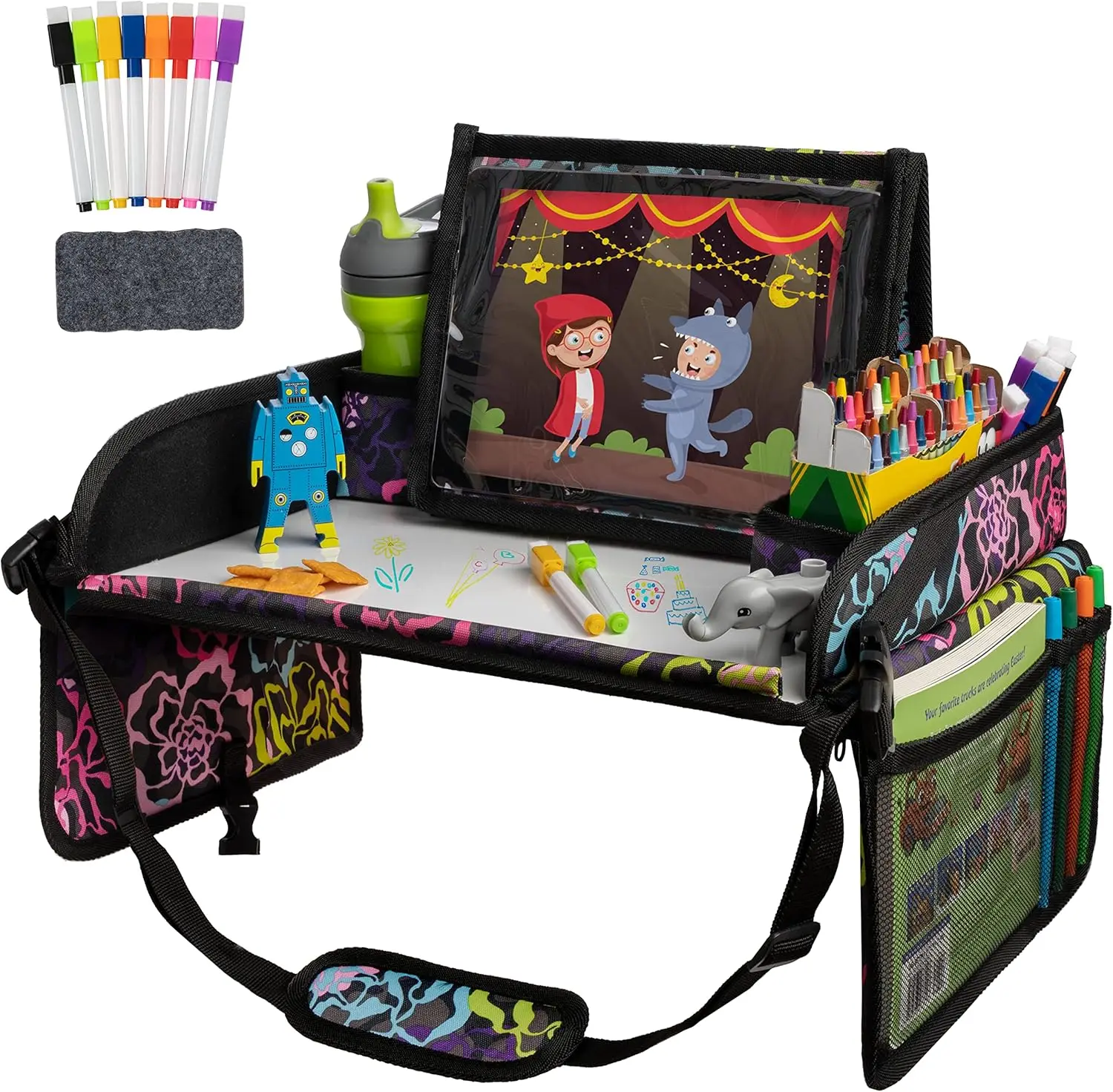 

Kids Travel Tray for Car Seat - Toddler Road Trip Essentials with Dry Erase Surface and Tablet Holder for Airplane Activities