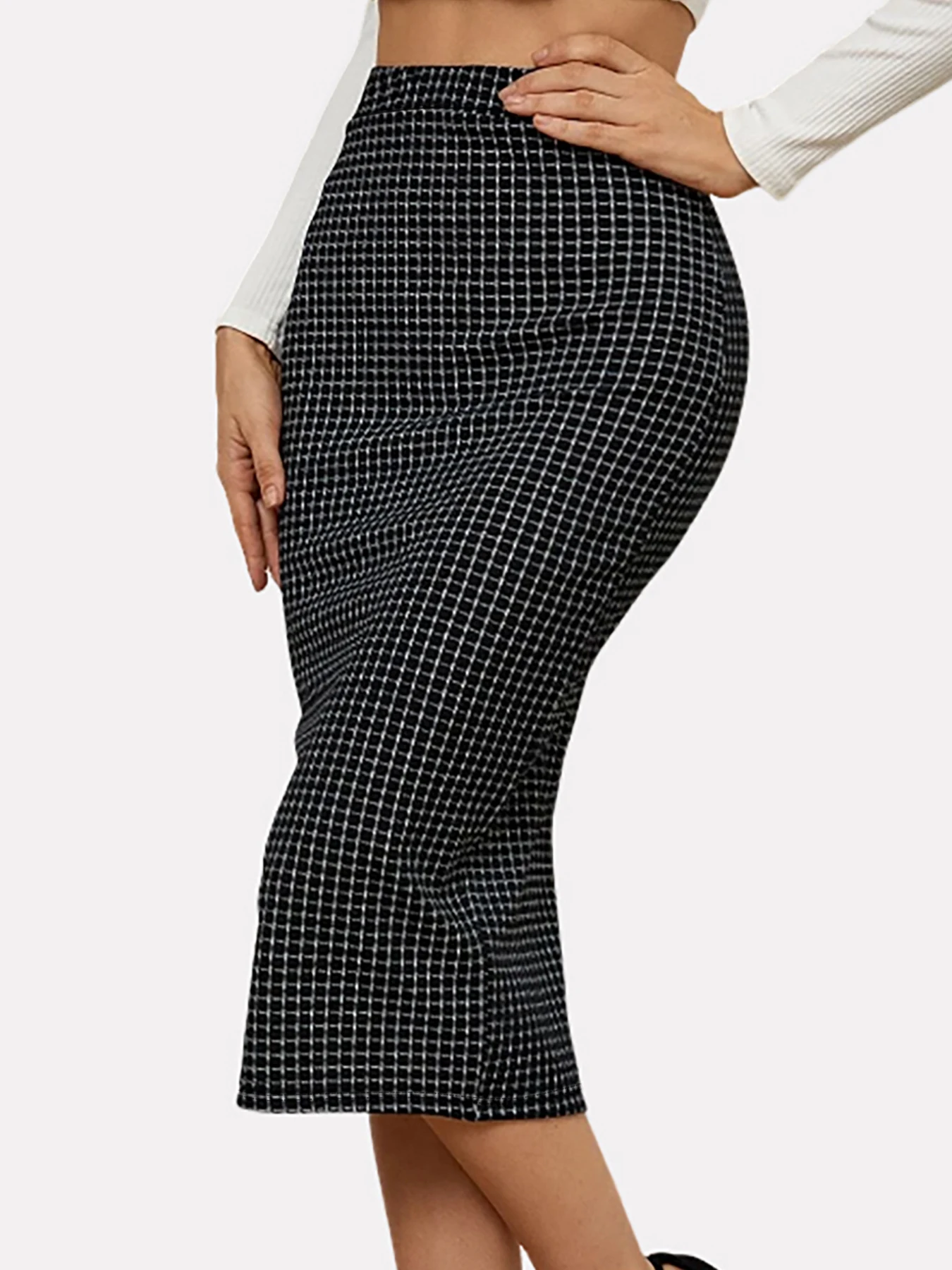 Women Fashion Plaid Printed Knee Length Skirts Casual High Waist Back Split Skirts Summer Ladies Elegant Pencil Skirts