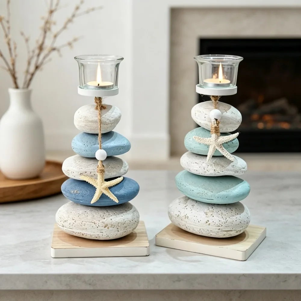 1pc Mediterranean Style Stone Candlestick Handcrafted Wooden Starfish Decor Table Ornament Birthday Gift Home Decoration