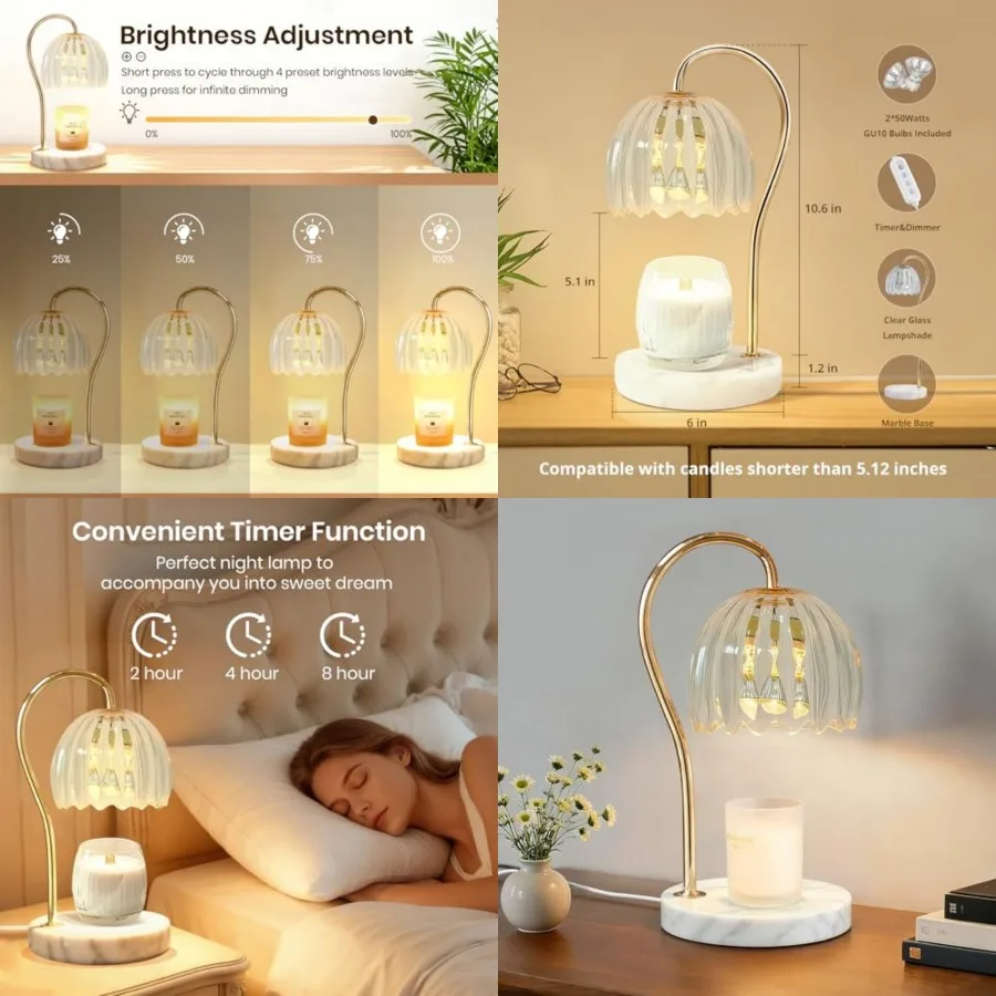 

Candle Warmer Lamp with Timer, Electric Candle Warmer with 2 Bulbs for Scented Candles, Dimmable Wax Melt Warmer with Marble Ba