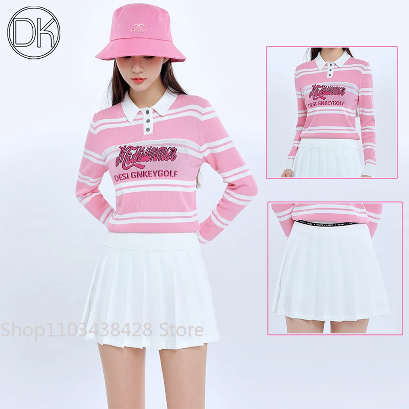 DK Autumn Winter Golf Clothing girl Pink Stripe Knitwear Sweater Anti-Pilling Top Lady Golf Pleated Skirt High Waist Short Skort