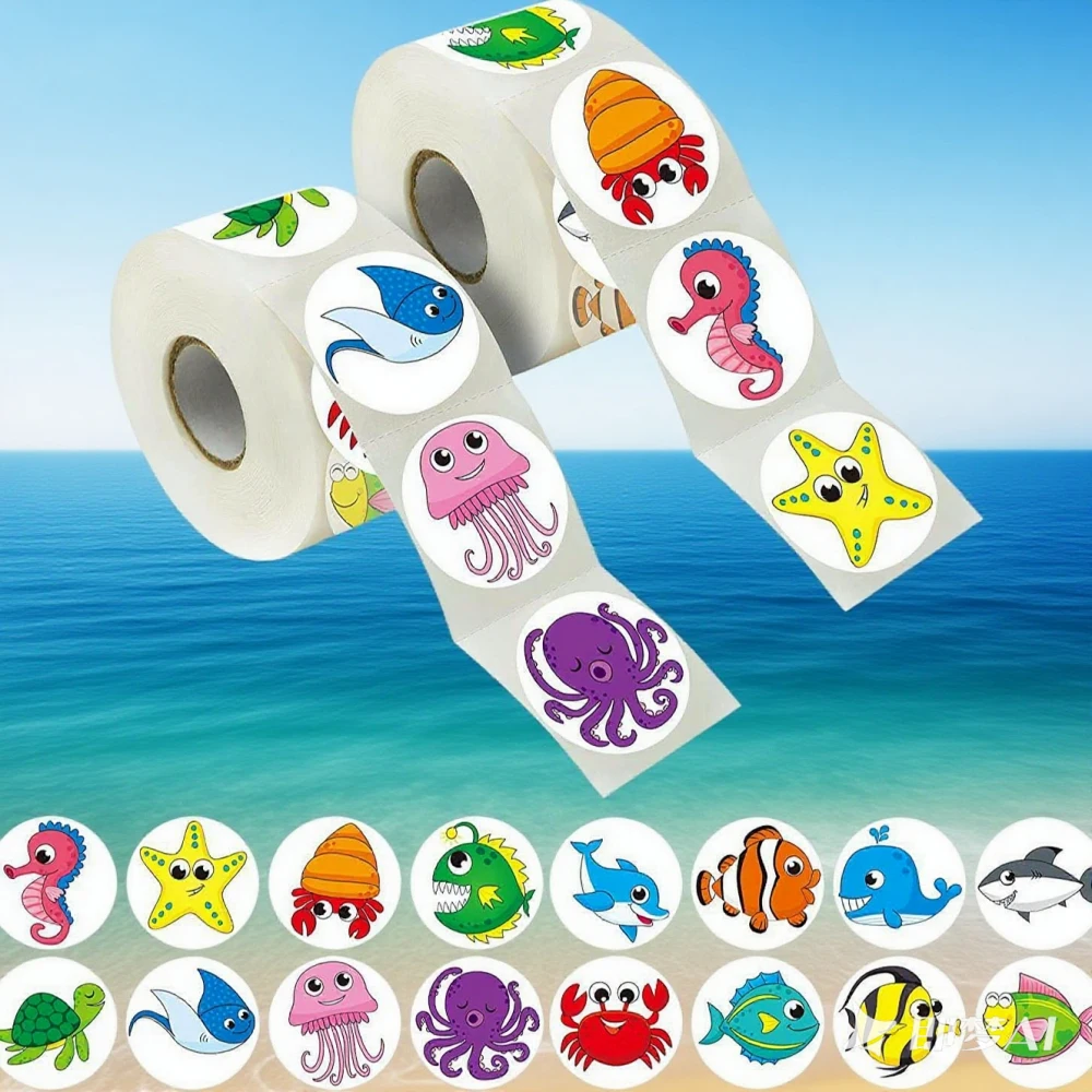 50-500pc Cute Cartoon Marine Animal Fish Sticker for Kids Teacher Reward Student Encourage Sealing Label Stationery Sticker Gift