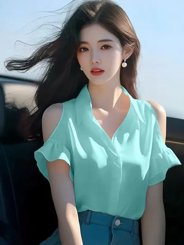 Ele ort Sve oulder Bared irt voor dames Mooie zomer Hoge kwaliteit Unieke Koreaanse Sle Loose Fit Ne