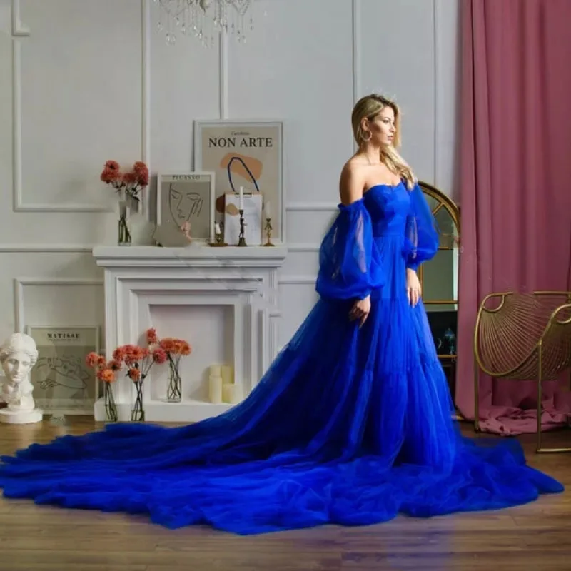 14501 # Royal Blue Tüll Mutterschaft Kleid mit Abnehmbaren Ärmeln Lange Zug Nachthemd Nachtwäsche für Foto Schießen Prom Kleider