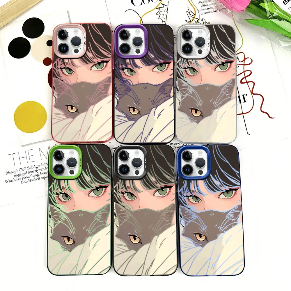 

Cartoon Anime Girl Cat Phone Case for iPhone 12 11 13 14 15 16 Pro Plus IMD Plating Cover