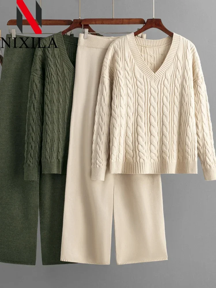 

Autumn Winter Knit Sweater V Collar Loose Long Sleeves Tops 2 Piece Pant Sets Elegant Pullover Two Piece Sets Womens Outifits