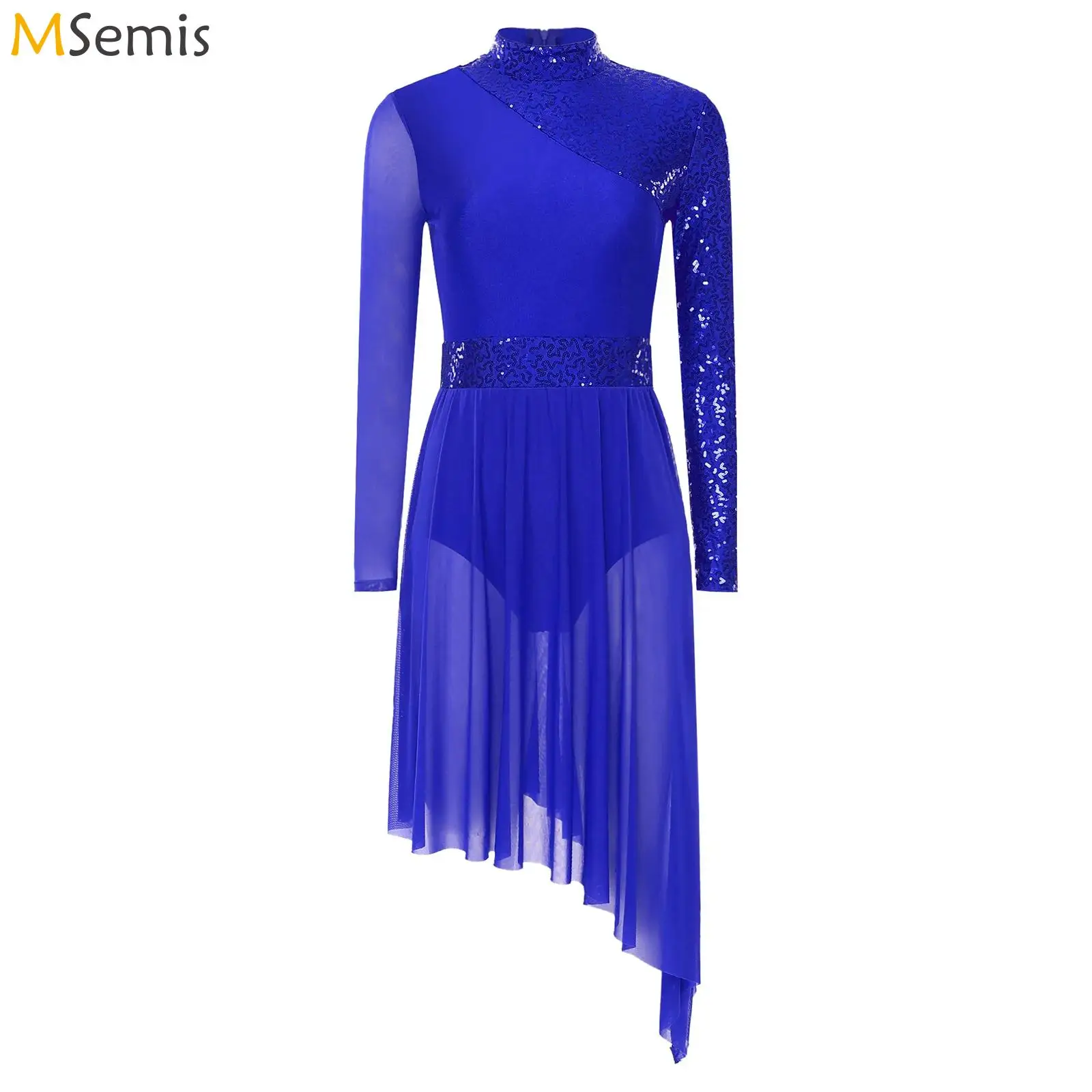 

Womens Sparkly Sequins Figure Ice Skating Dress Gymnastics Leotard Dress Long Sleeve Mesh Splice Competition Dance Costume