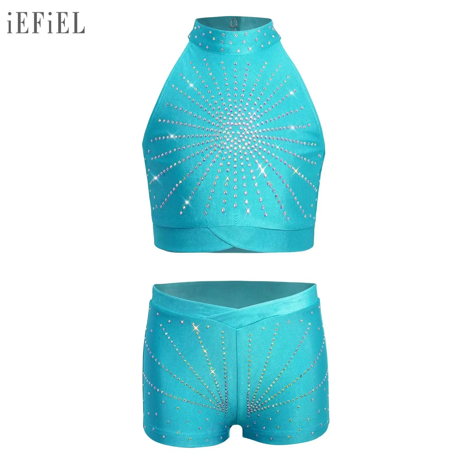 

Girls Gymnastics Ballet Dance Costume Sleeveless Cutout Back Sparkling Rhinestone Crop Top with Shorts Ballerina Dance Outfit