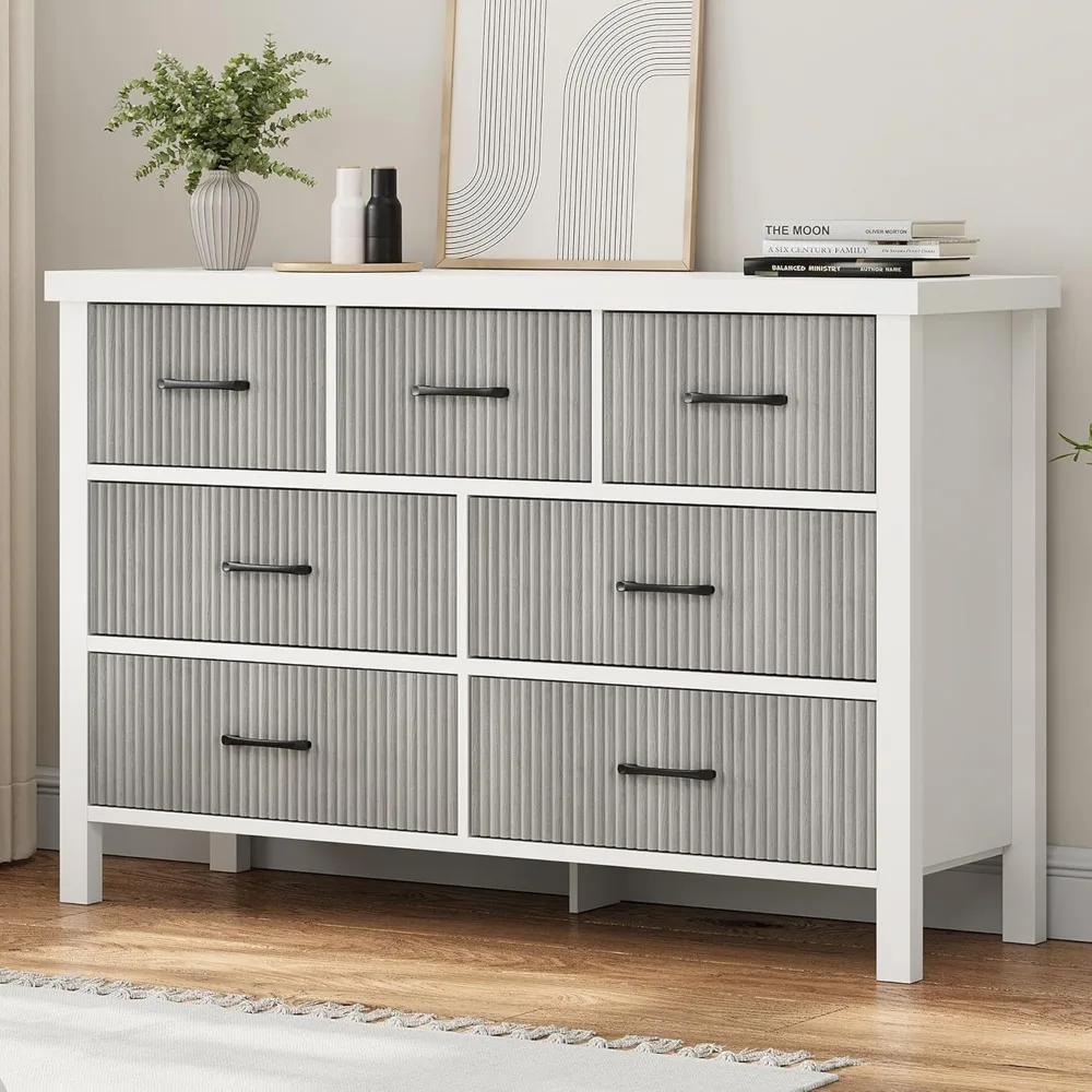 

White Dresser 7 Drawer Dresser for Bedroom, Modern Fluted Dresser with Solid Wood Legs