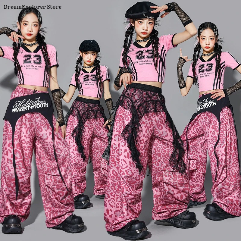 Girls K-pop Pink Crop Top Leopard Print Joggers Pants Kids Jazz Girl Group Clothes Set Street Dance Children Hip Hop Streetwear