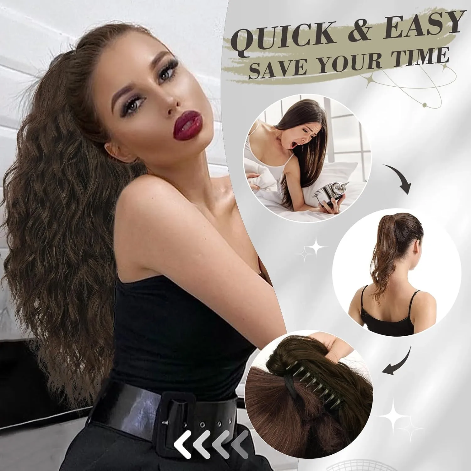 Ponytail Extensions Magic Paste Wave Ponytail Hair for Women Curly Wrap Around Ponytail Hairpiece Magic Paste Black Ponytail