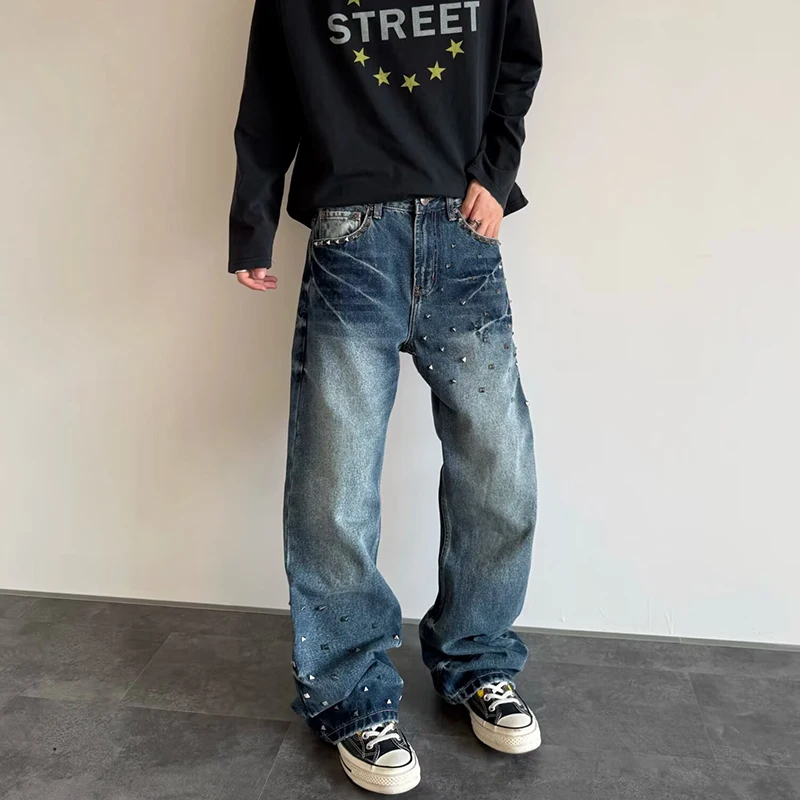 LUZHEN 2026 New Stylish Niche Design Rivet Metal Decorate Straight Jeans Men Street Gradient Washed Handsome Denim Pants JY9213