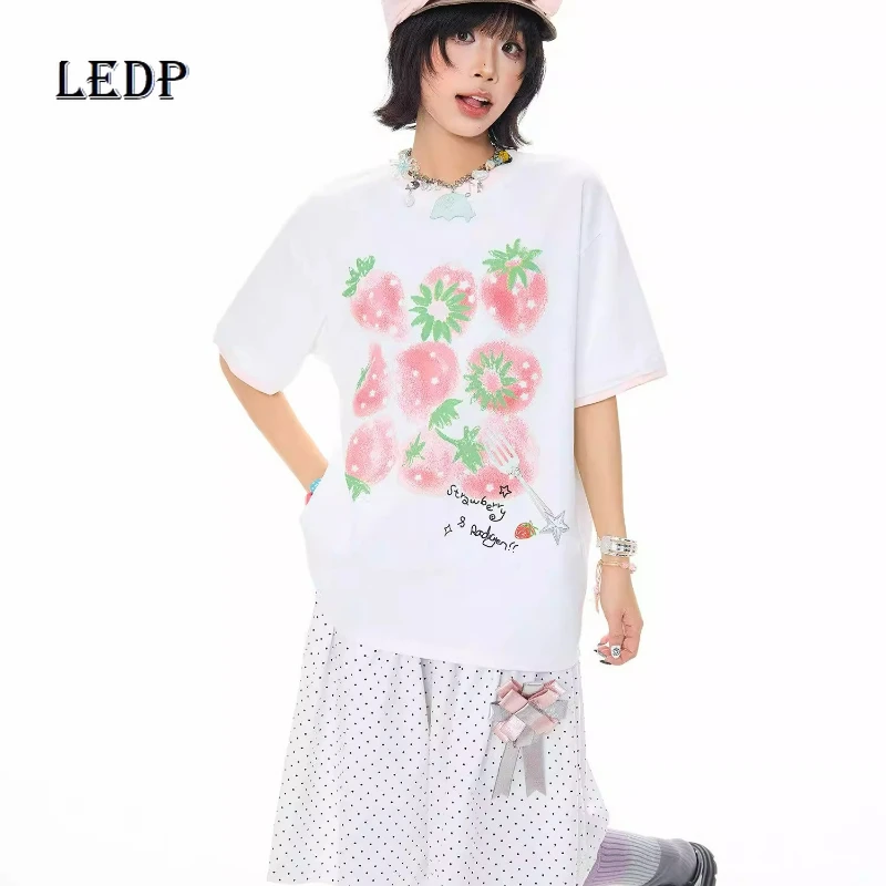 

Korean Girl Design Fruit Color Blocking Round Neck Short-sleeved Women's T-shirt 2026 Summer Loose Versatile T-shirts Ladies