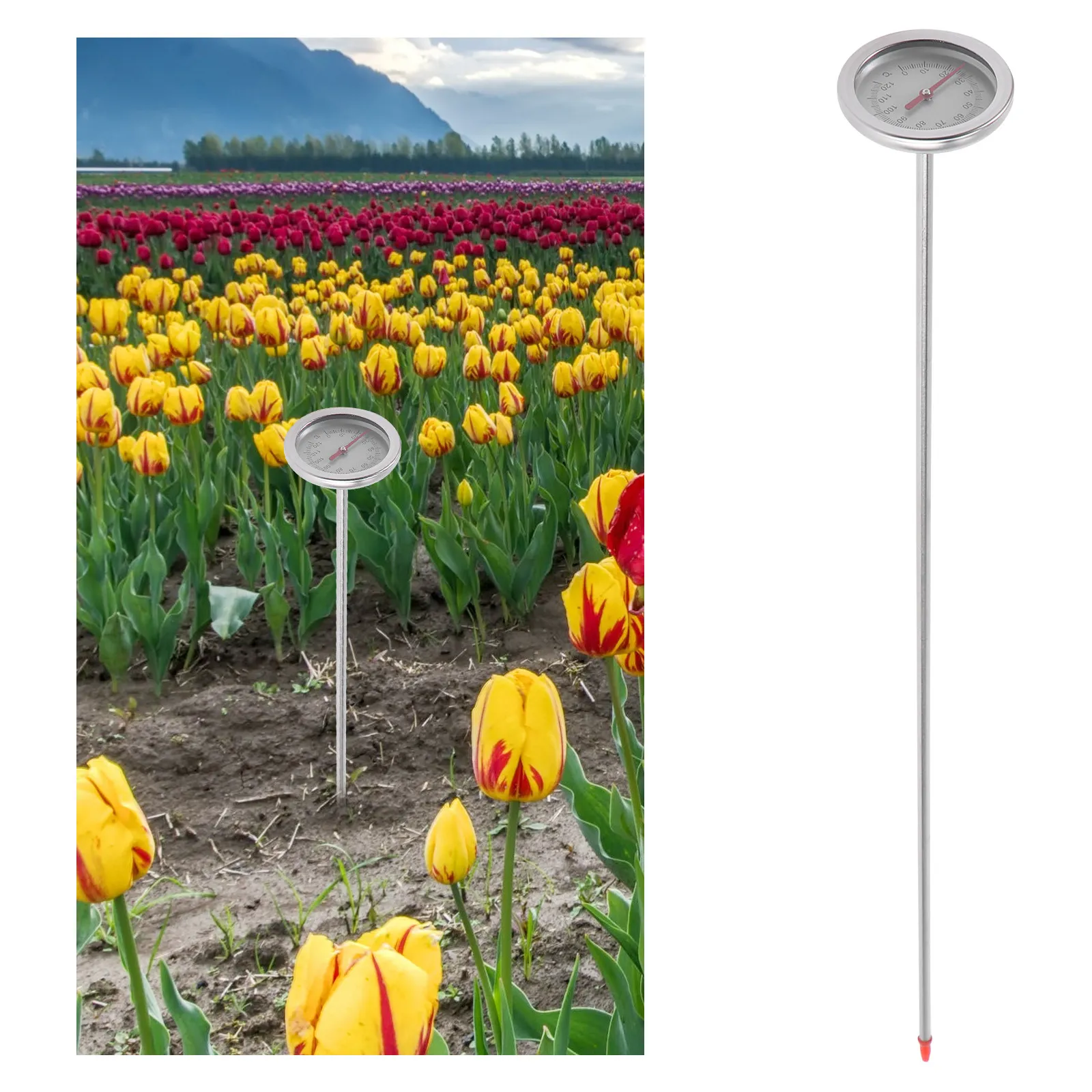 1pc Stainless Steel Soil Thermometer Gardening Tool Compost Temperature Measuring Instrument For Planting Outdoor Greenhouse Use