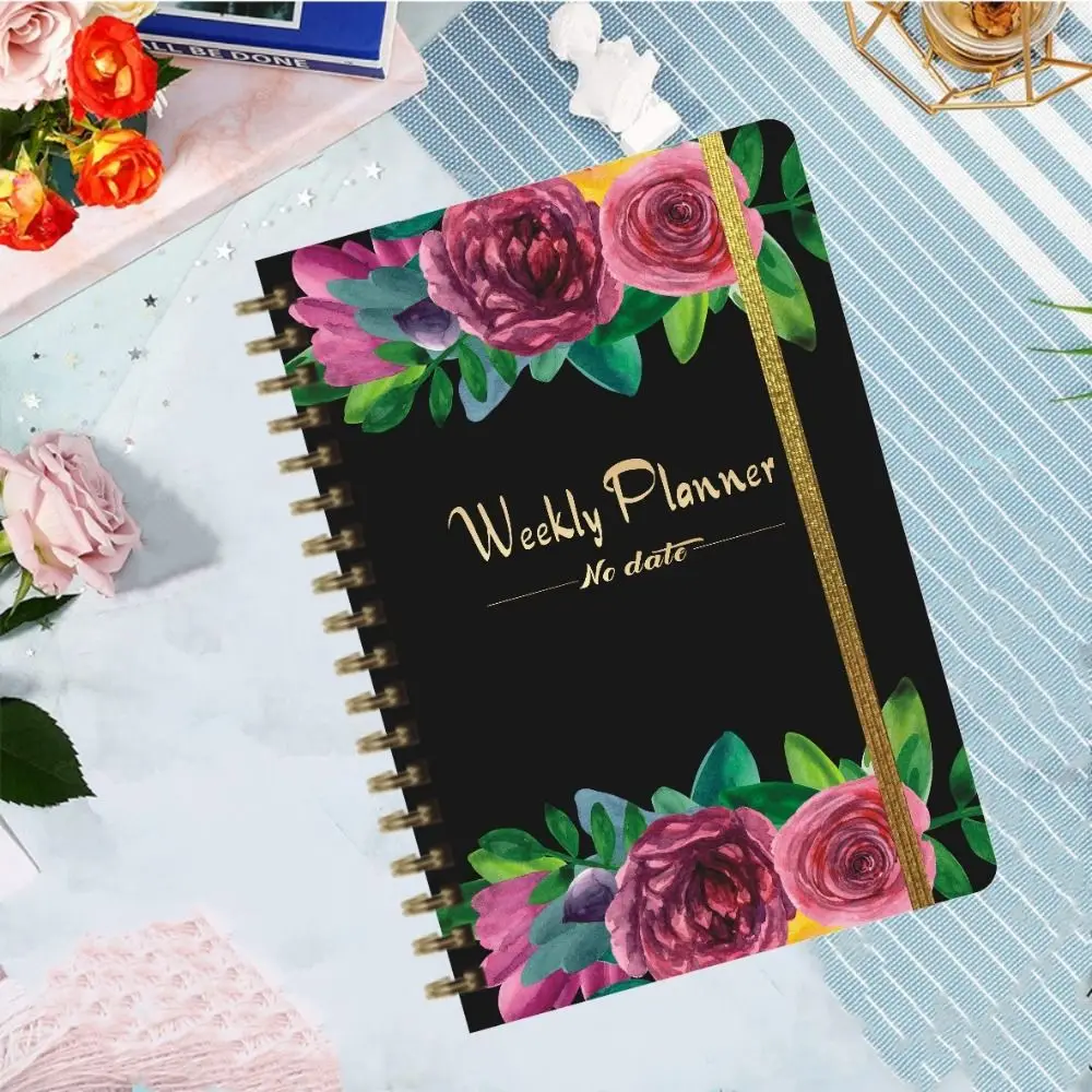 ポータブル A5 ウィークリープランナー プランナーリマインダー 効率性 ウィークリースケジュールブック ストラップ付き 日付なし コイルノートブック オフィス