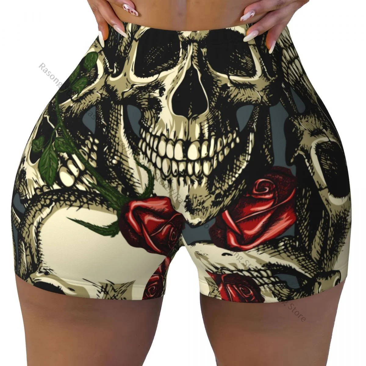 Women Yoga Shorts Red Roses Vintage Skulls Workout Shorts Fitness quick-dry Ladies Yoga Gym Running Short Pants Sportswear