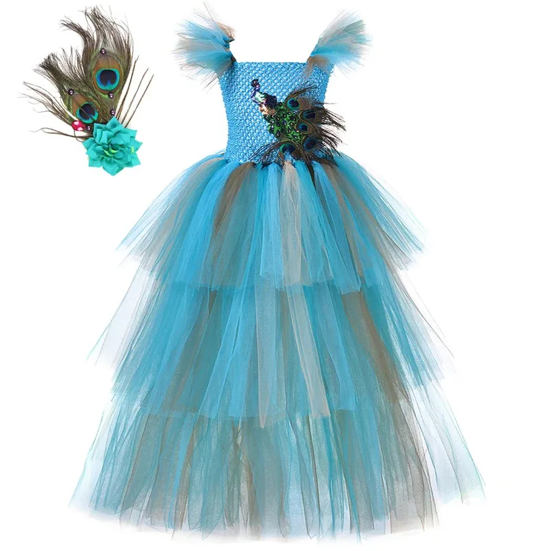 

Fluffy 3 Layered Peacock Long Dresses for Girls Full Length Pageant Costumes Kids Christmas Carnival Outfit with Flower Hairpin