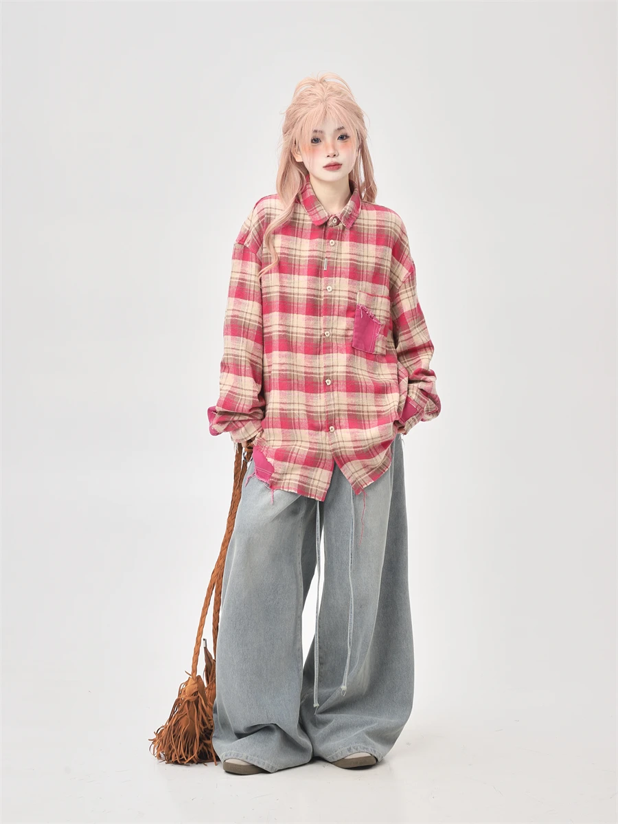 

Japanese Hong Kong Style 2026 Spring Plaid Loose Long Sleeve Women's Shirt Unique Top Super Beautiful Patchwork Commute Style...