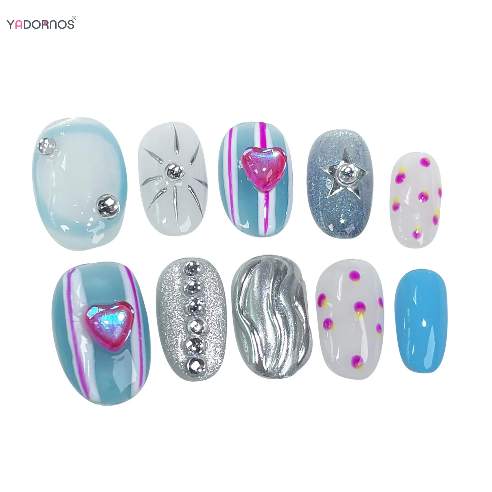 Unhas falsas artesanais para meninas e mulheres, desenhos de coração de amor rosa, manicure de metal prateado, imprensa redonda curta, unhas portáteis, Y2K, 10 peças