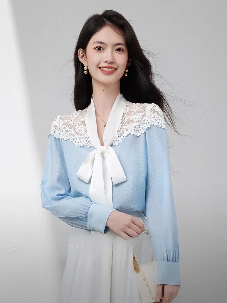 

SENTUBILA Long Sleeve Shirt for Woman 2025 Autumn Blue White Contrast Color Lace Tie Neck Puff Sleeve Female Shirt Top 153CJ2683
