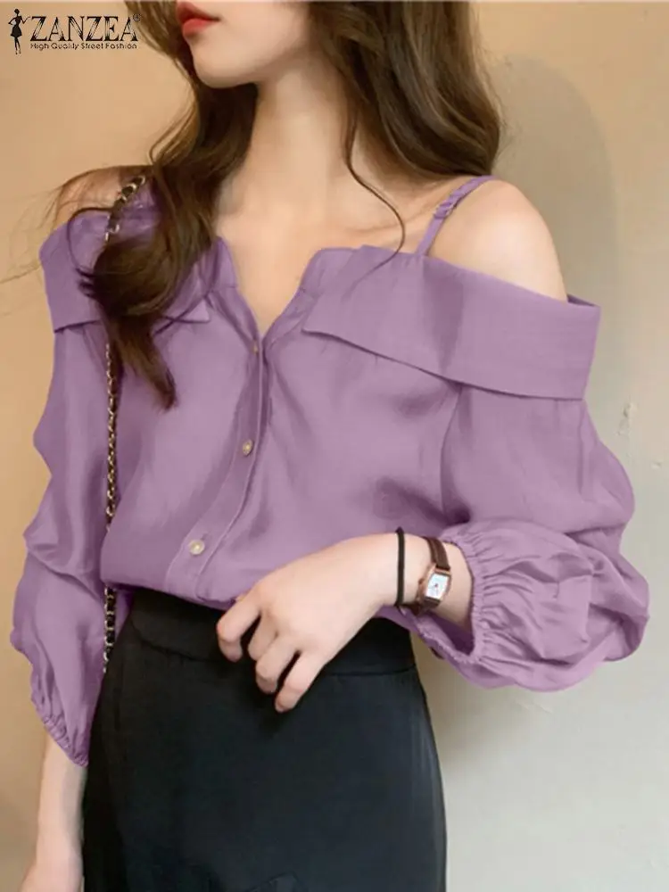 ZANZEA Fashion Long Sleeve Shirts Women Sexy Off Shoulder Blouse Vintage Straps Button Tops 2023 Autumn Pleats Solid Loose Tunic