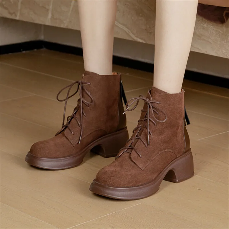 Nowe jesienno-zimowe buty damskie Square Toe Chunky Heel Boots for Women Platform Boots High Heel Cow Suede Short Boots Handmade