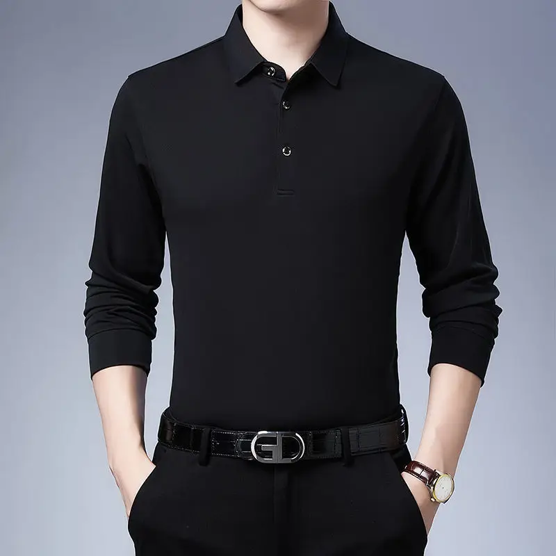 Black Spring Men's Ice Silk Solid Polo Neck Button Long Sleeve T-shirt Multi Color Business Casual Fit Comfortable Versatile Top