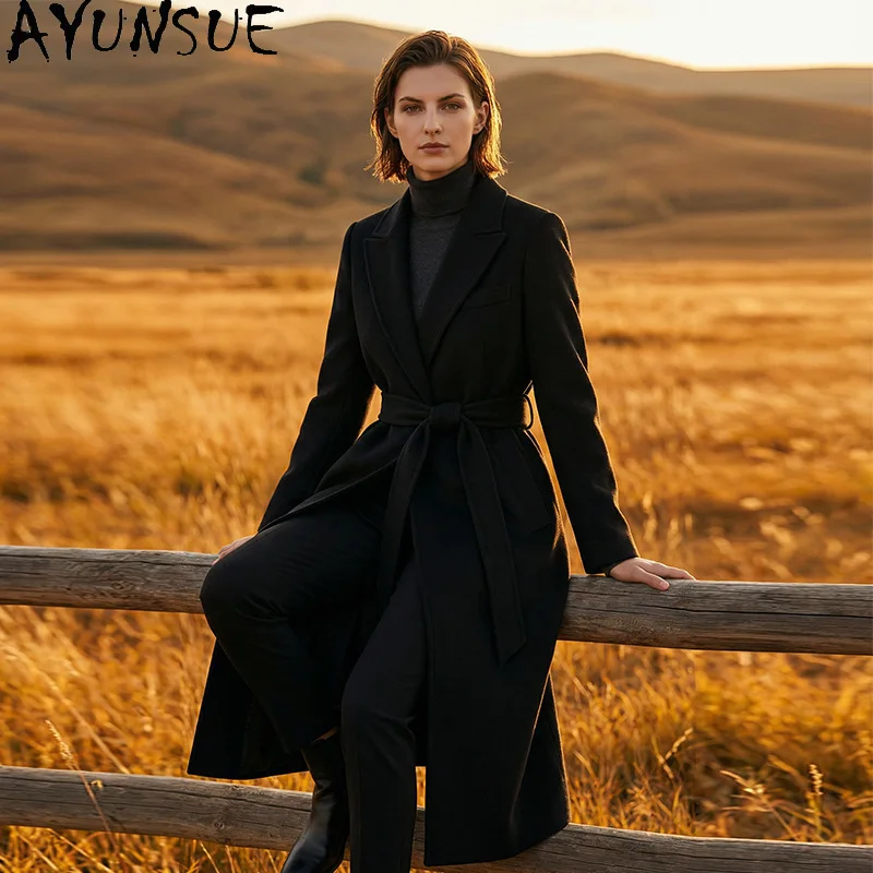 AYUNSUE 100% Wool Coats for Woman Long Lace-up Office Lady Jackets Elegant Autumn Winter Woolen Outerwear Woman Clothes Casaco