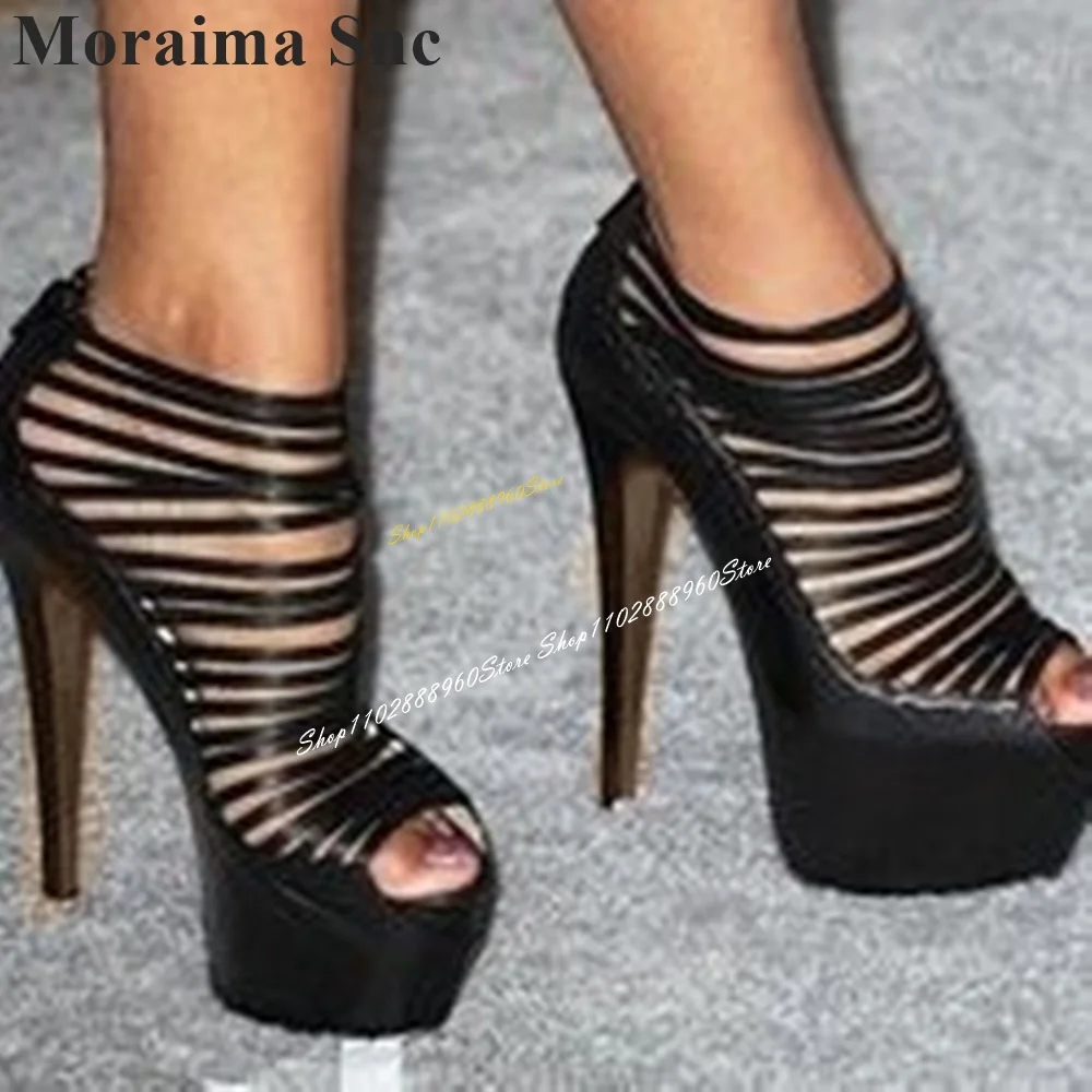 Trendy Black Narrow Strappy Platform Sandals Thin High Heel Women Shoes Back Zipper Peep Toe 2024 Fashion Zapatos Para Mujere