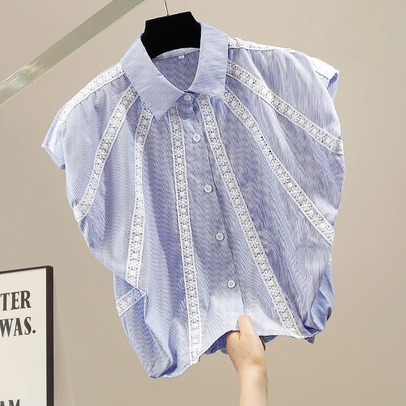 

Модный топ с рюшами, цветными блоками, плиссированными рукавами-фонариками, в полоску, свободного кроя, в корейском стиле, с воротником, с завязками на спине.