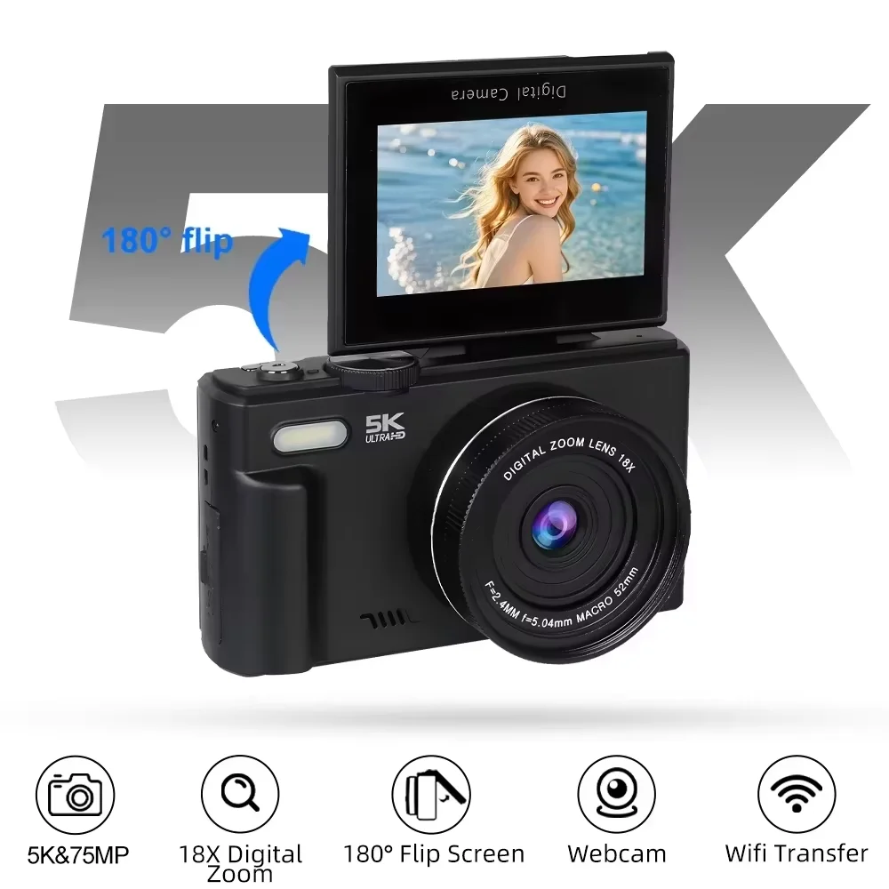 China Manufacturer 180 Degree Flip Screen Autofocus 5K Digital Camera with 75MP WiFi for Vlogging on YouTube Tiktok