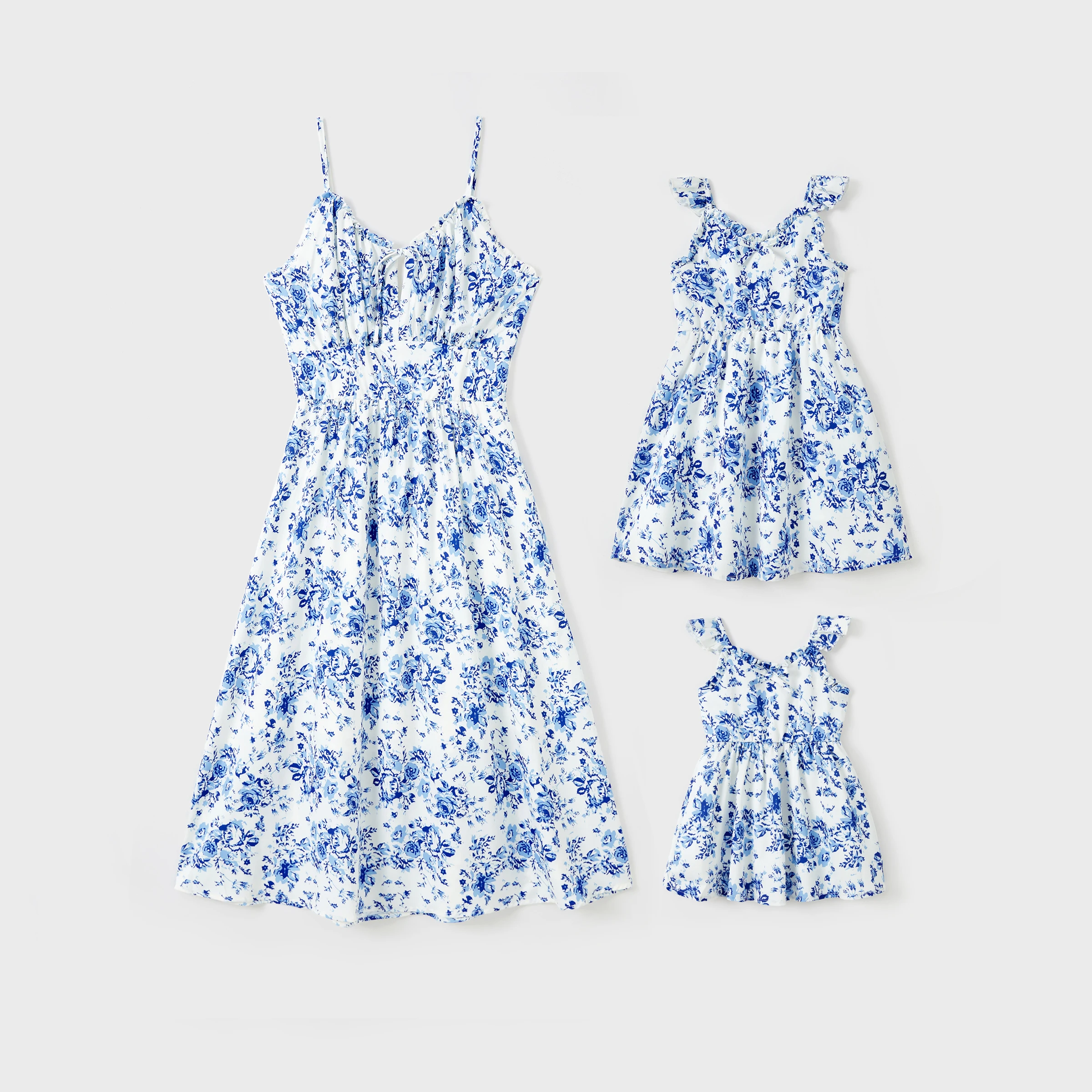 

PatPat Mommy and Me Blue Floral Ruched Bust Tie Neck Flutter Trim Silky Satin Strap Dresses