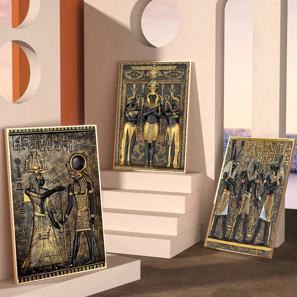 Black Golden Ancient Egyptian Art Prints 3D Posters Pharaoh And His Maidens Canvas Wall Painting For Room Decorative Pictures