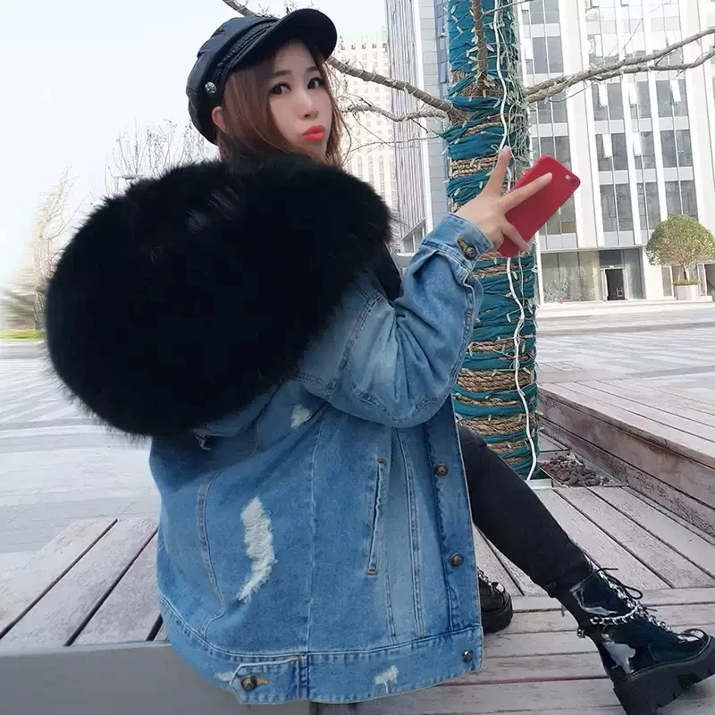 2025Maomaokong denim jacket natural fox fur lined jacket coat Women's jacket women winter coats Women's fur coat