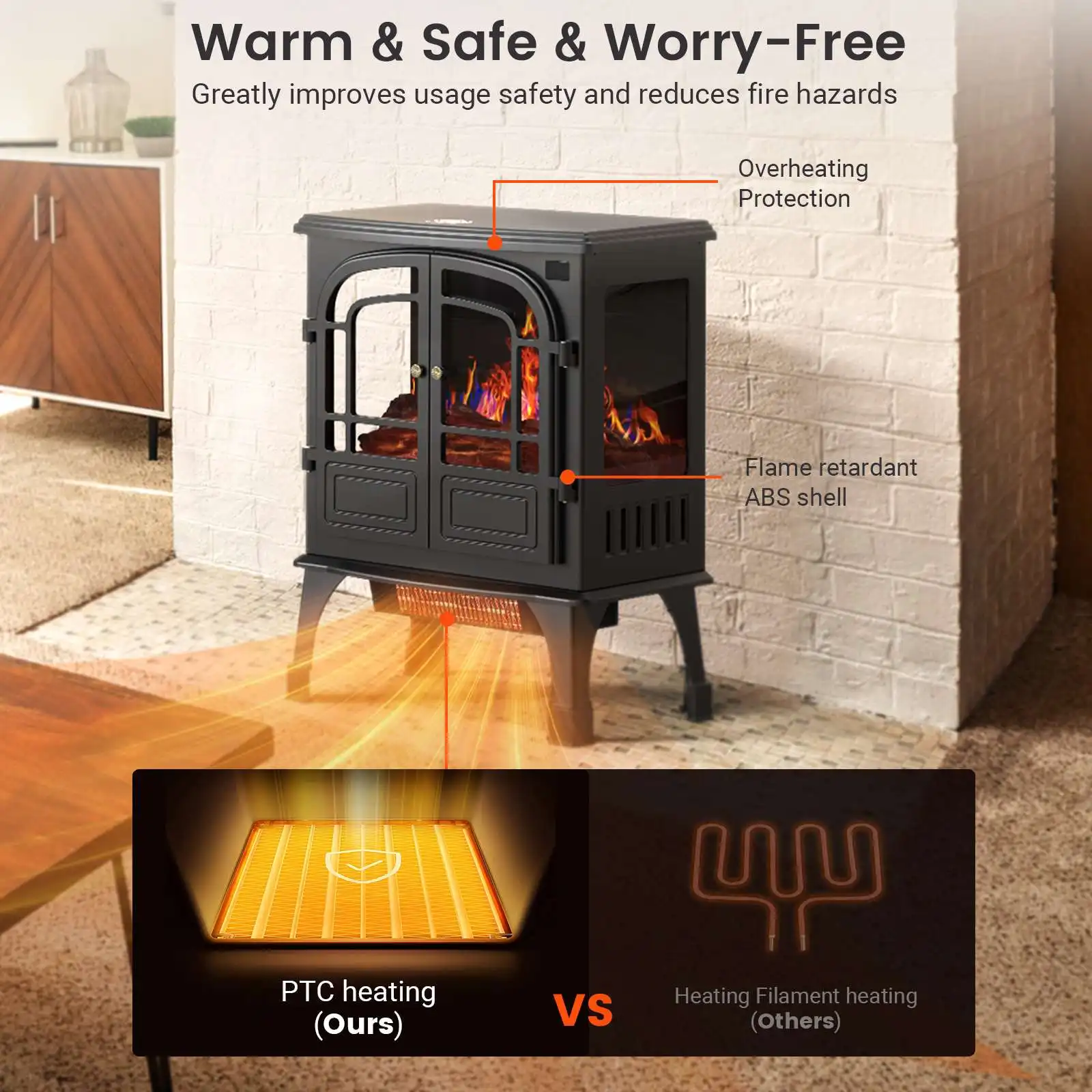 Warmtoo-Lareira Elétrica com Sistema de Aquecimento PTC, Fogão Portátil Remoto, Efeito Chama 3D, Isolado, 1500W, 24"