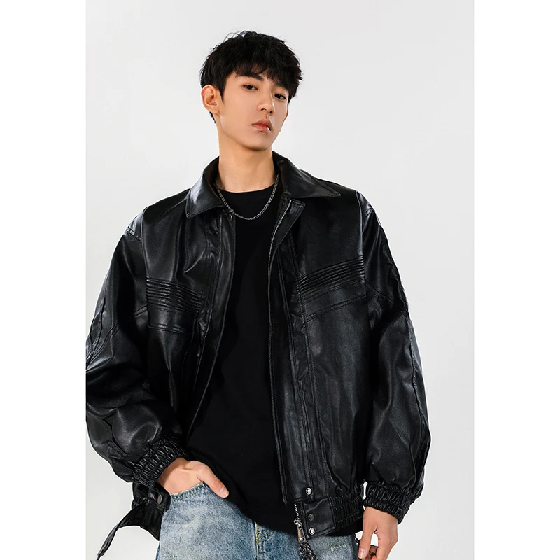 

TANGZ Studio Men's Loose Pilot Sle PU Leather Jaet High Street Motorcycle Windbreaker Casual Spring Faion Coat