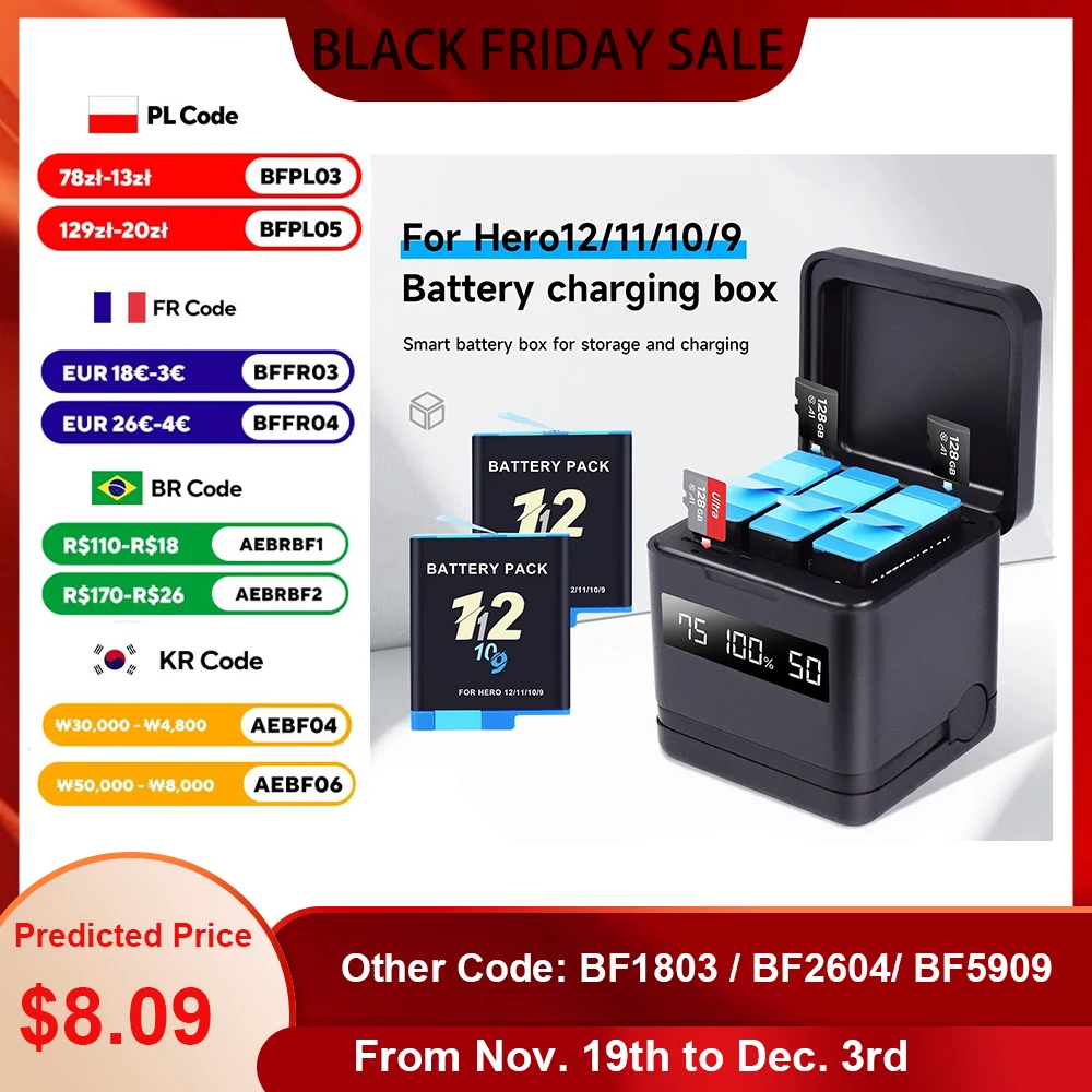 PALO-batterij voor GoPro Hero 10 Camera Go Pro 11 9 2000 mAh-batterijen met 3 slots USB-oplaaddoos LCD gopro hero 12 Zwart Bateria