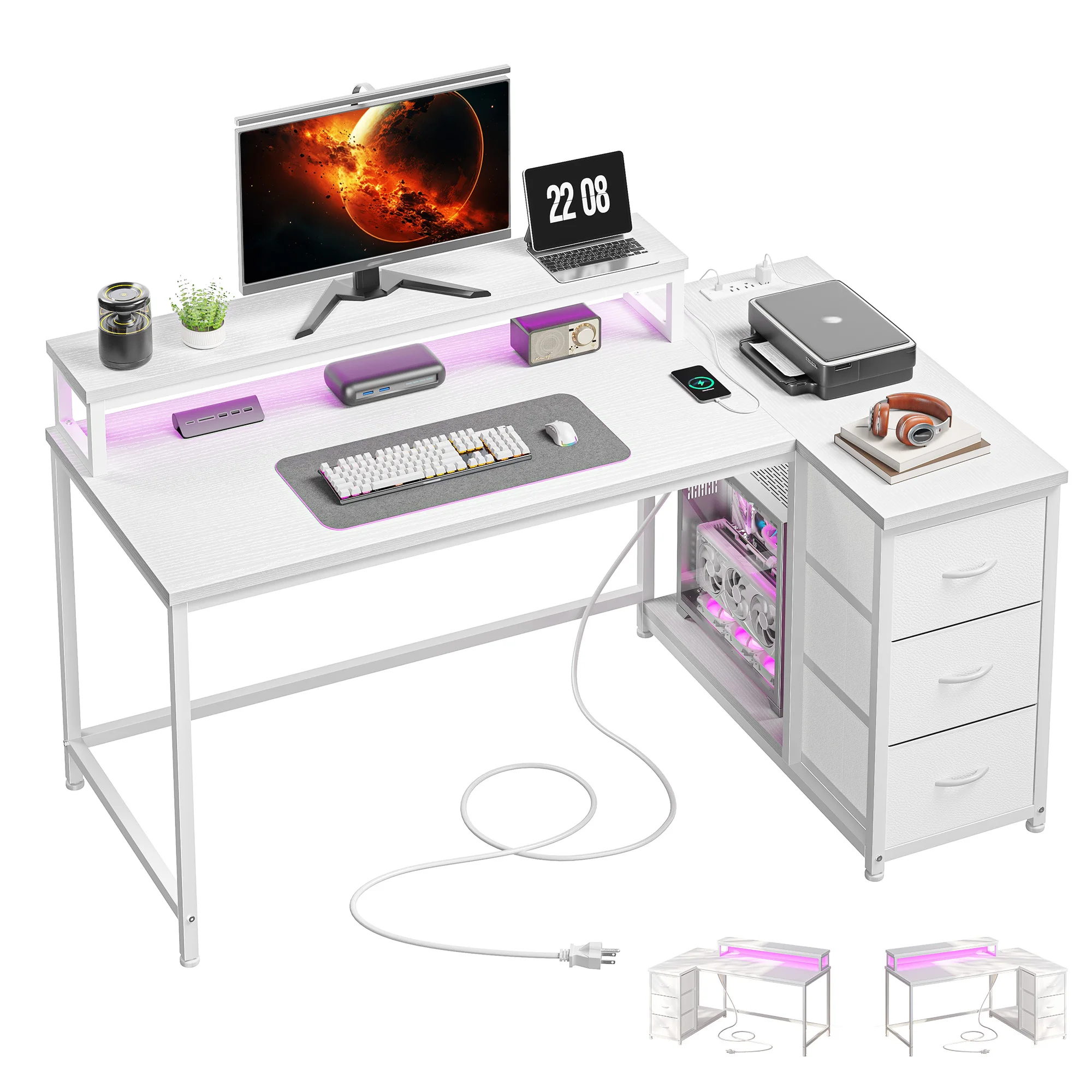 EnHomee 40" L-Shaped Computer Desk with Monitor Stand & 3 Drawers Gaming Desk with Power Outlet and LED Lights for Gaming Home Office