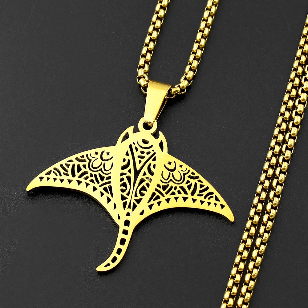 Manta Ray Polynesian Totem Kette für Damen und Herren, Edelstahl, silberfarben, Devil Ray, ethnische Halskette, Glanzfisch-Schmuck – Detail 5