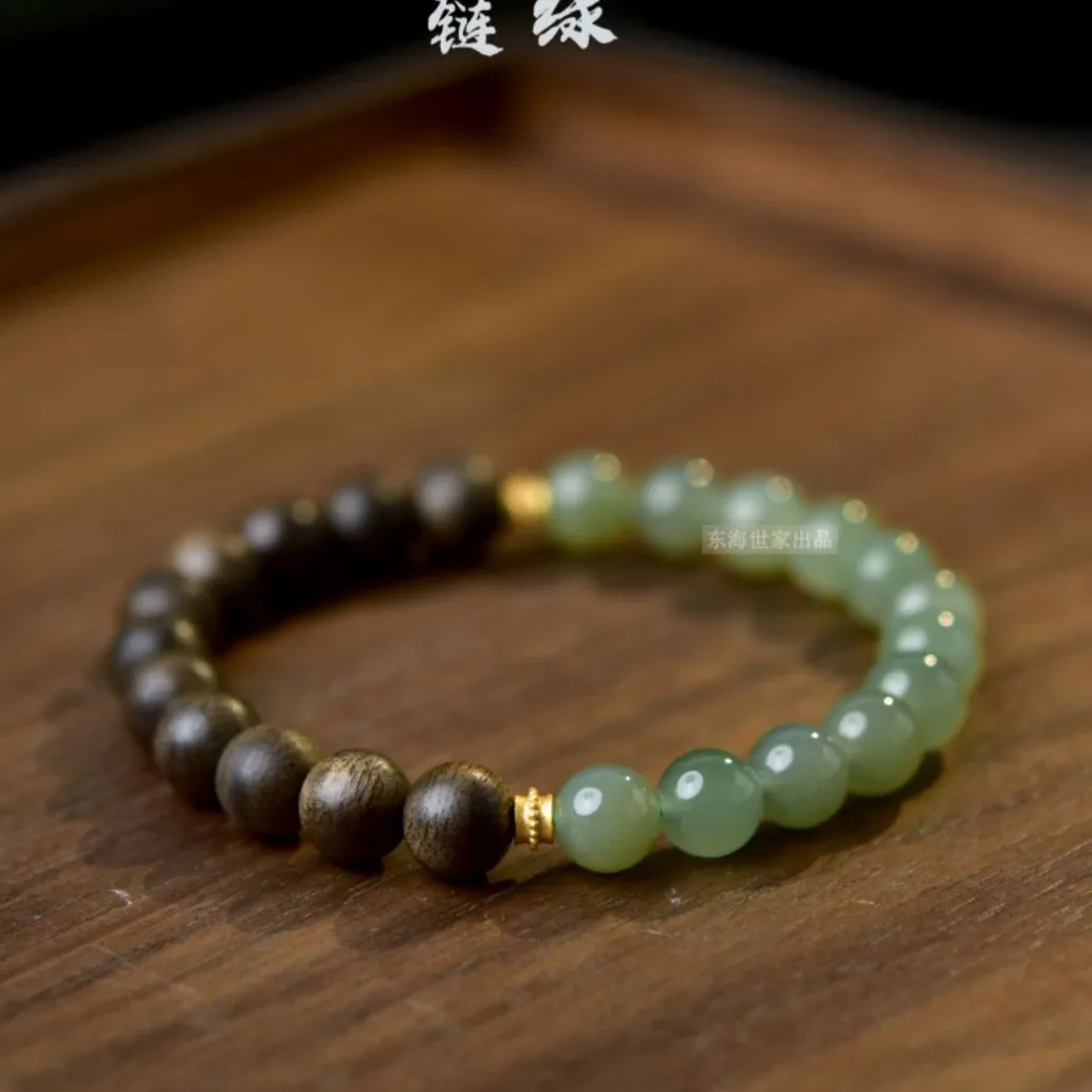 

Women's Agarwood Bracelets: Wenlai, Vietnam Nha Trang White Kyara & Hetian Jade Ice Clear Loose Bead Bracelets (Gifts)