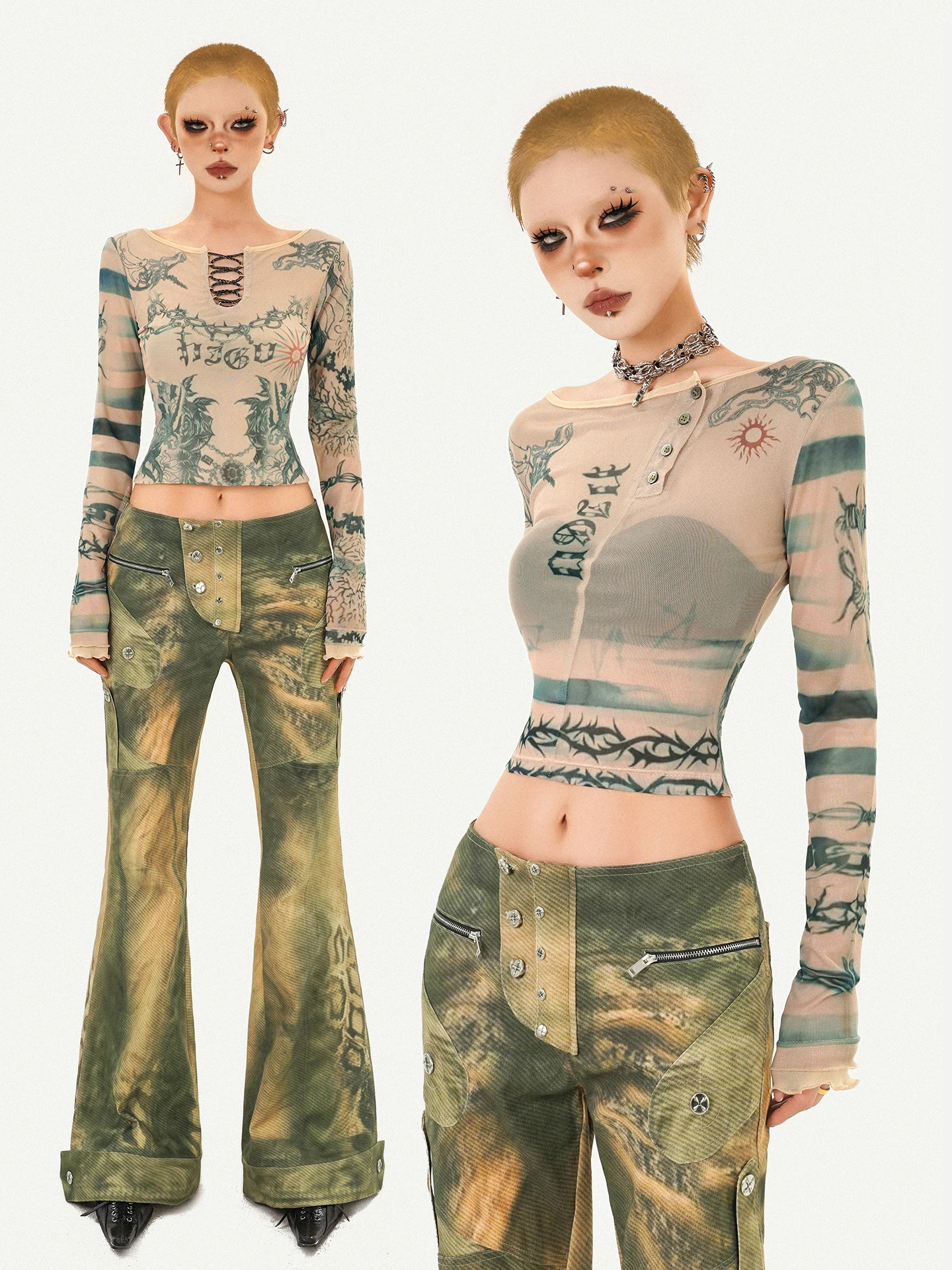 Original NICO MOLLY Mesh Base Shirt Long Sleeve Vintage Print Y2K T-Shirt Front Back Wear round Neck Short Length Women Top