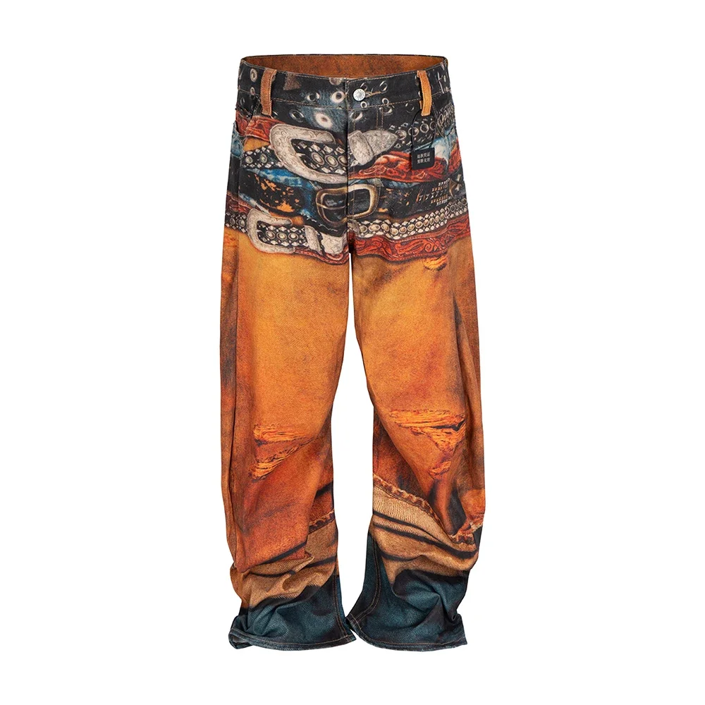 

Bending Knife 3D Printing Multiple Waistbands Hole Jeans for Men and Women Streetwear Patchwork Distressed Casual Denim Trousers