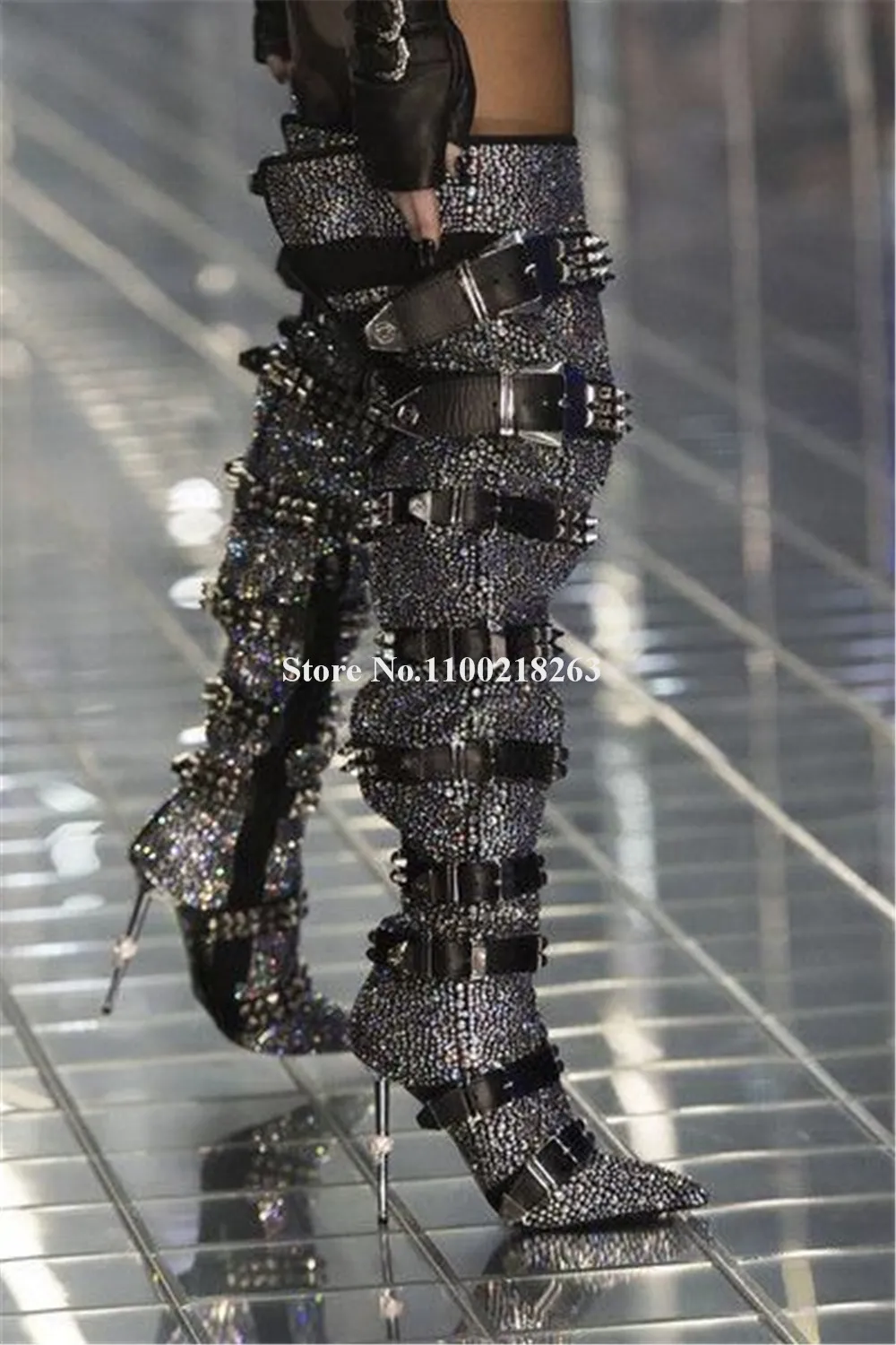 Sexy Bling Bling Black Silver Rhinestones Over Knee Boots Pointed Toe Straps Buckles Metal Stiletto Heel Crystals Long Boots