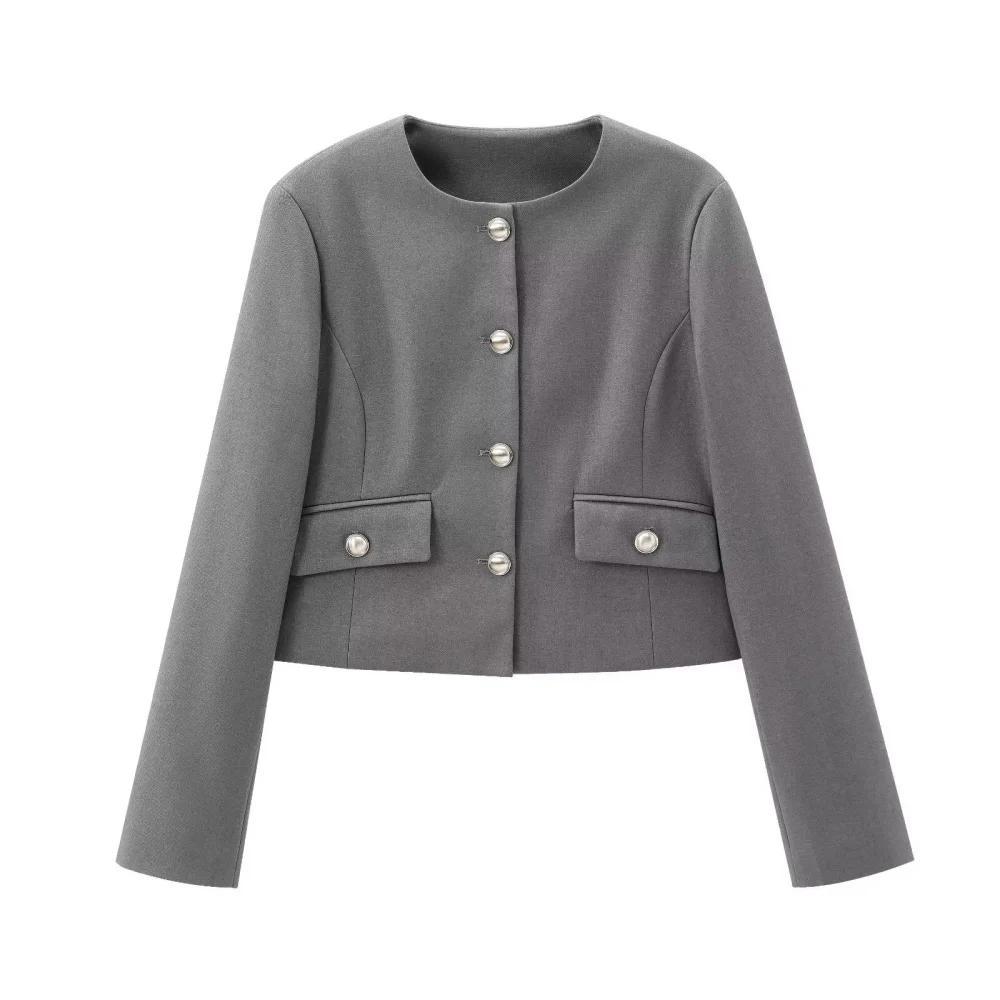 

Women's loose fitting collar top with round neck long sleeves button pockets autumn and winter new style temperament short s