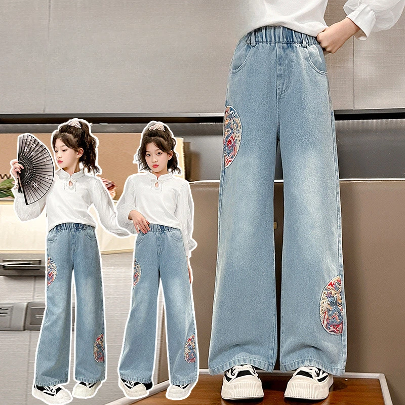 Estate ragazze scuola media moda sciolto tinta unita piccolo amore Jeans pantaloni Casual pantaloni gamba larga 4-10 anni