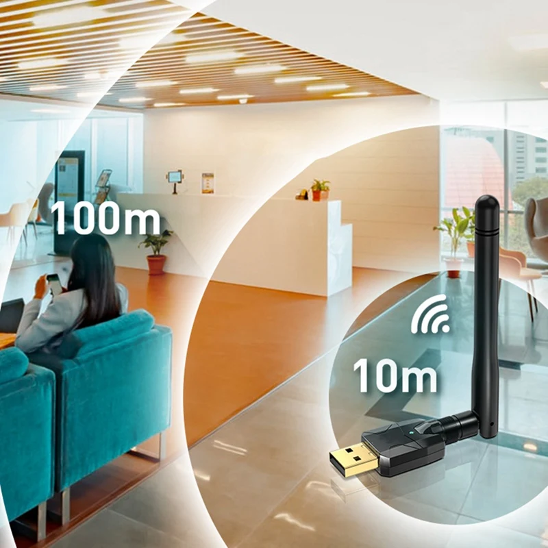 Adaptador Sem Fio USB Bluetooth 5.0, Dongle de Longo Alcance, EDR, Receptor, Transferência para PC, Desktop, 100m