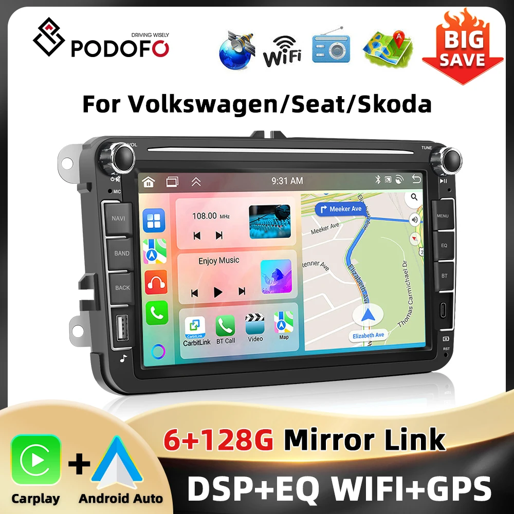 Radio para Auto Podofo 6+128G 8'' para VW/PASSAT/TOURAN/GOLF/BEETLE, Reproductor Multimedia, Carplay, Android Auto, BT, GPS, WIFI, RDS, Estéreo para Auto