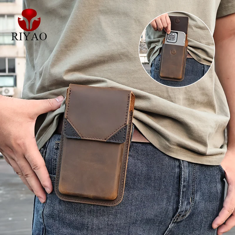 RIYAO Crazy Horse Leather fanny pack for men Small Waist bag Vintage Phone Holster Case Genuine Leather Phone Pouch Bag Outdoor