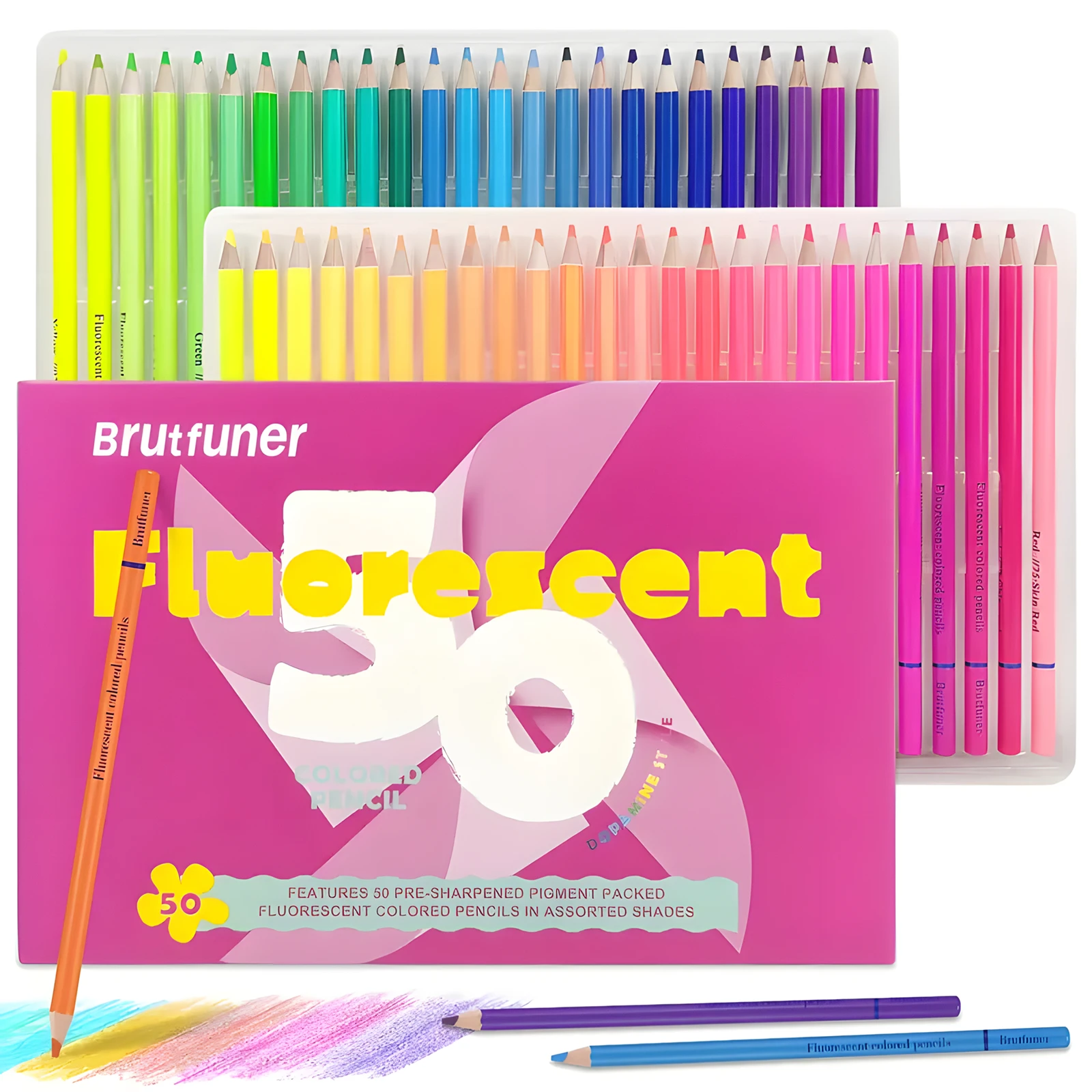 Brutfuner 50-Count Pre-Sharpened Fluorescent Colored Pencils,MediumPoint,Wood,Soft Core,Artist Quality for Sketching&Coloring