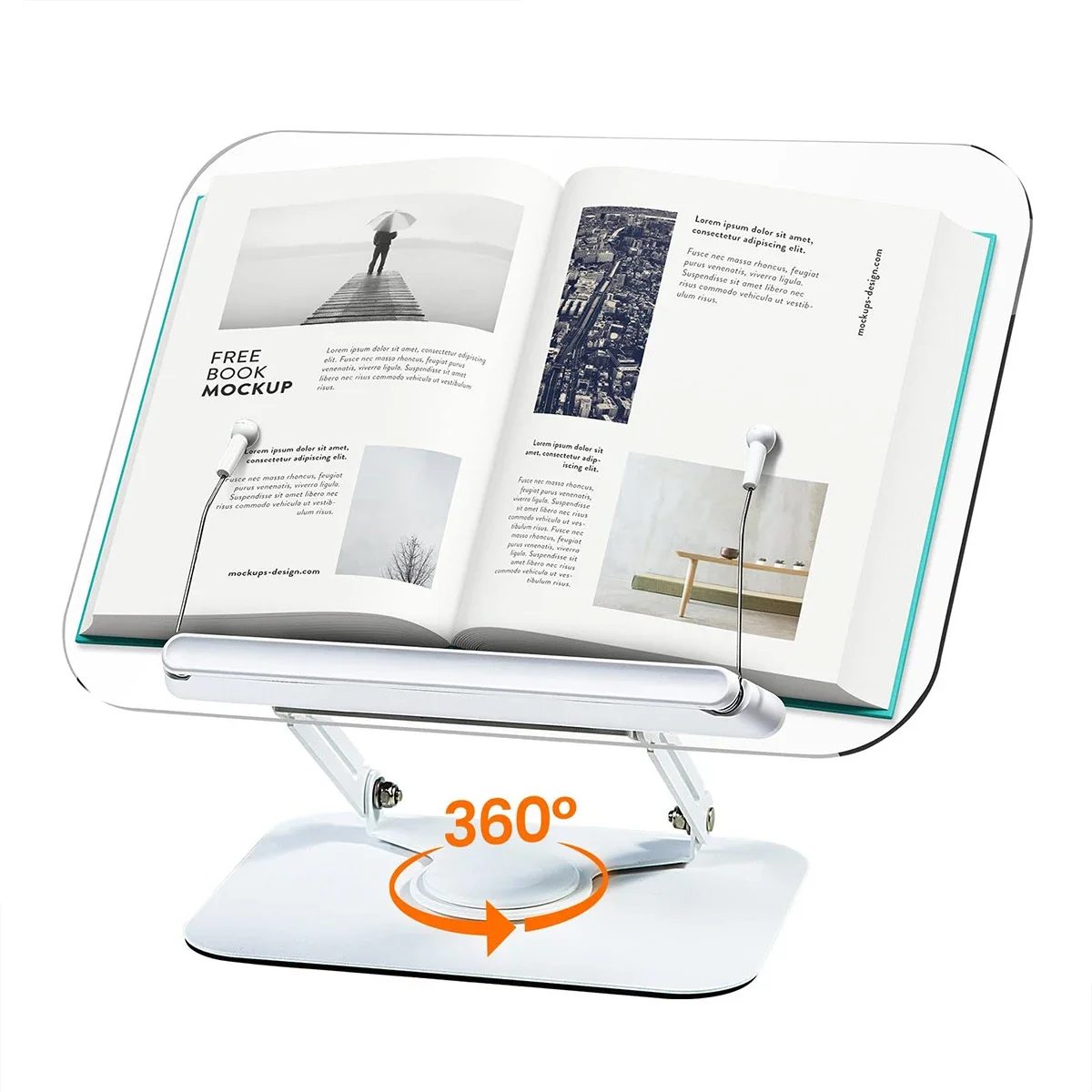 Acrylic Book Stand for Reading Adjustable Book Holder with 360° Rotating Base Elastic Page Clips Foldable Desktop Riser Stand